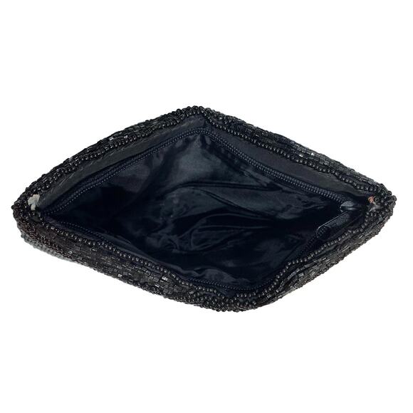 80s does 40s Black Beaded Silk Evening Bag | Small Clutch with Glass Beads - Picture 9 of 11
